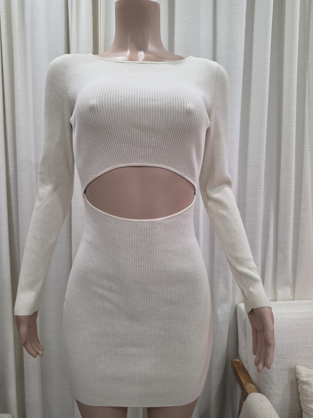 Wilfred Free Ivory Ribbed Knit Cutout Bodycon Mini Dress Size M